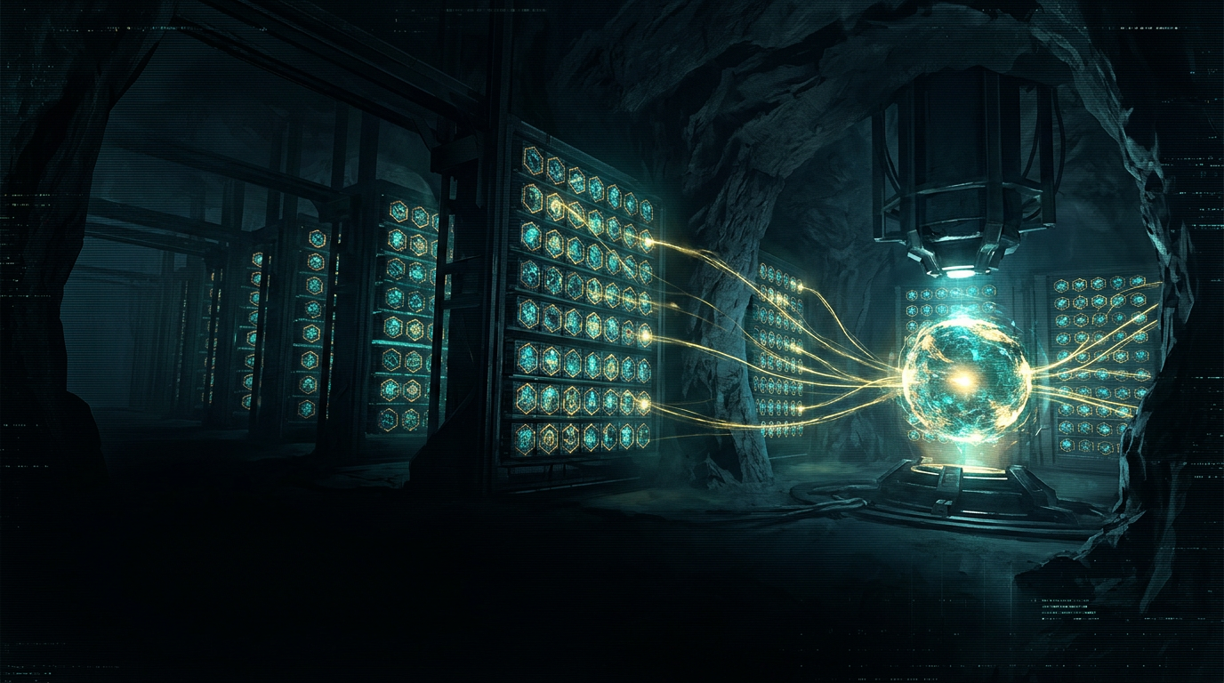 A dark mining vault with glowing NFT racks feeding a pool orb